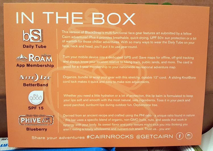 cairn box contents card