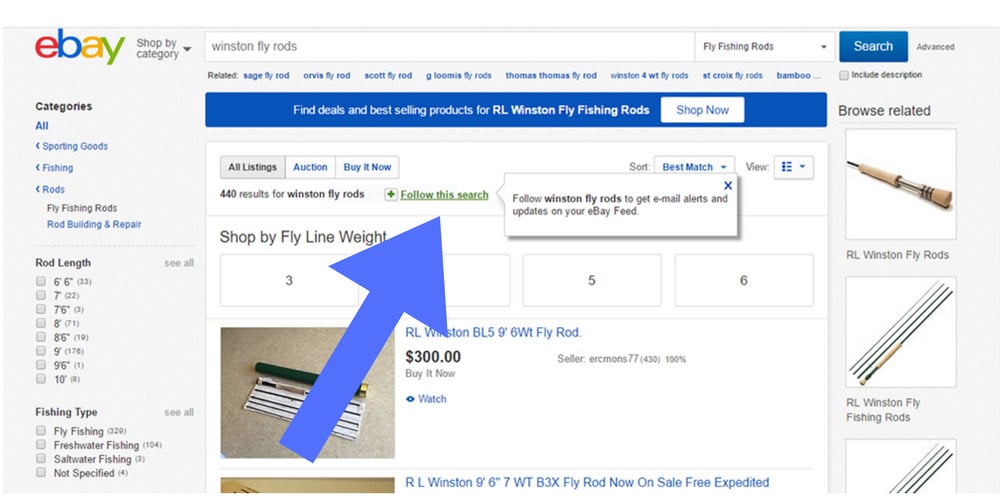 following searches for fly rods and reels on ebay
