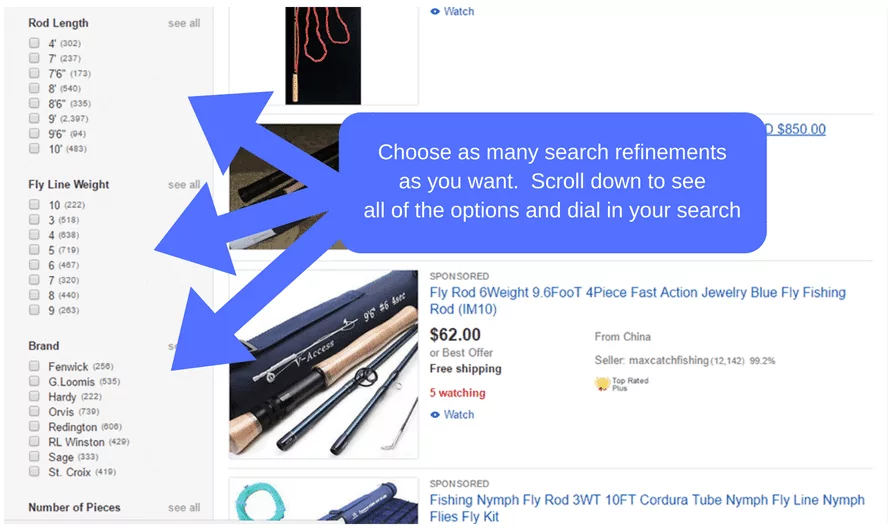 search refinement for fly rods and reels on ebay